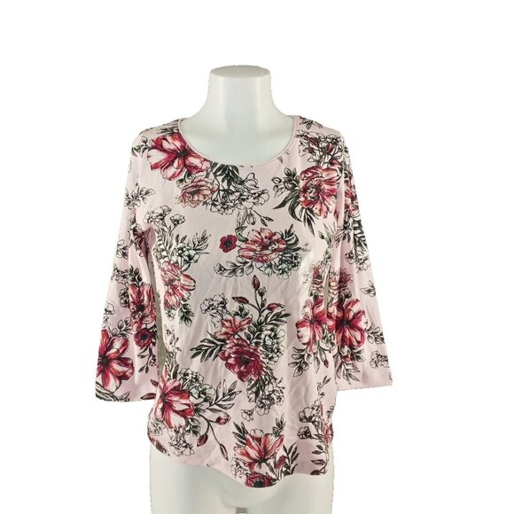 NWT KAREN SCOTT Floral Women Top Double Petite Cotton Pullover Round Neck - Picture 1 of 10